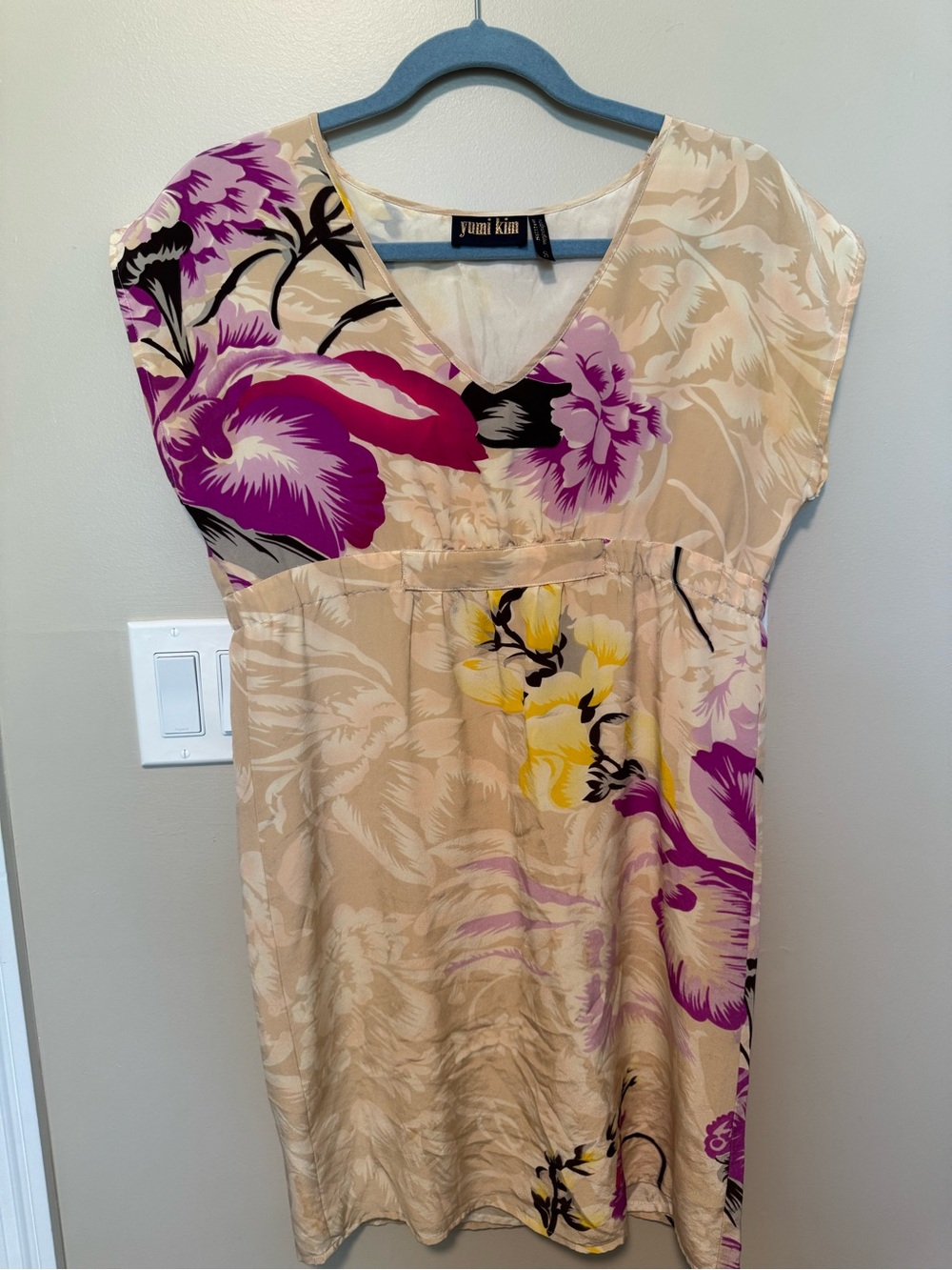 Yumi Kim Beige Floral V-Neck Dress with Purple & Yellow Accents